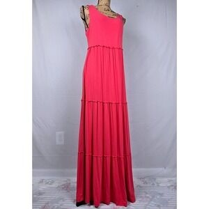 Chicos Pink/Coral Tiered Maxi Dress Sleeveless Ruffle Trim‎ Size 1